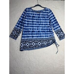 Ruby Rd Tunic Top Women Large Blue Tie Dye Geometric Excellent Side Cinch Boho